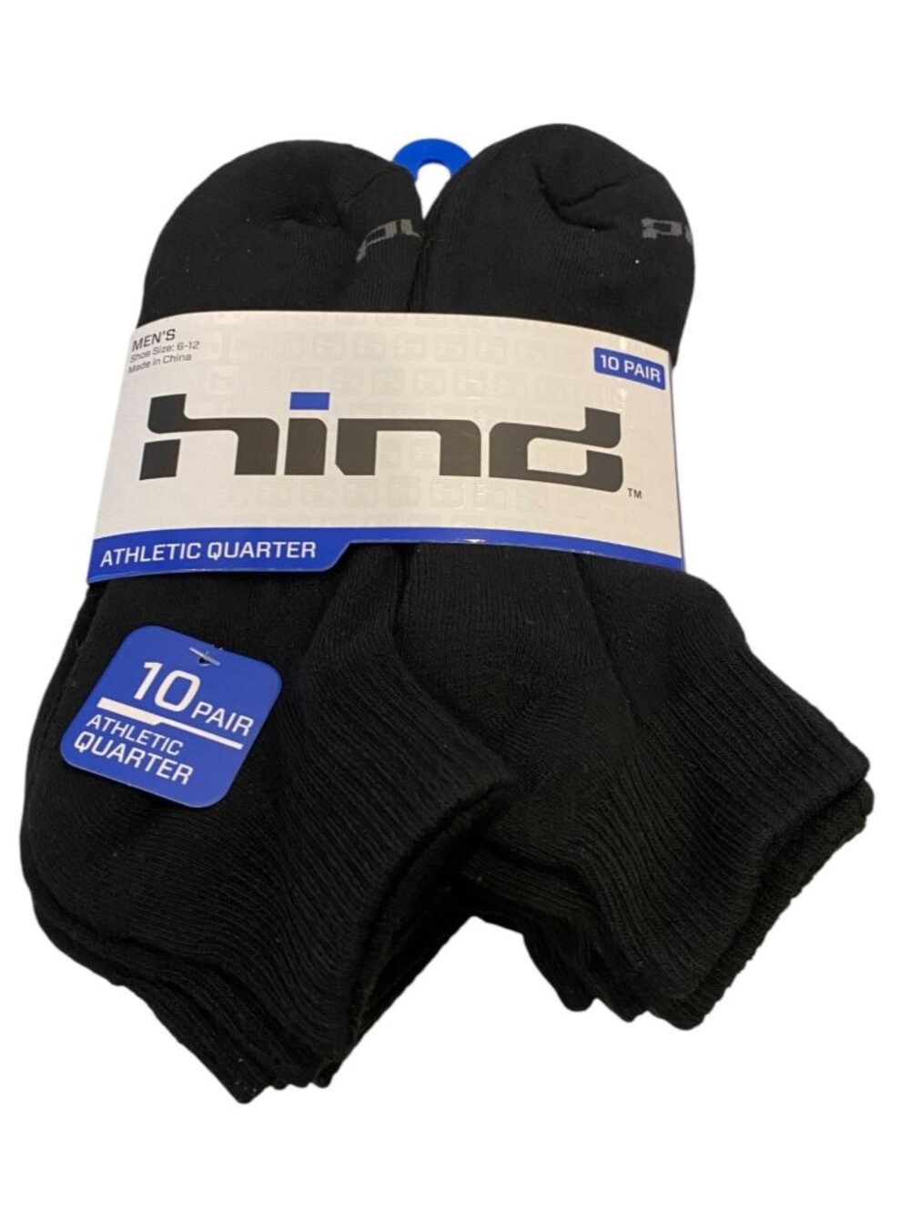 Hind Men's Size 6-12 Athletic Quarter Socks Black Set of 10